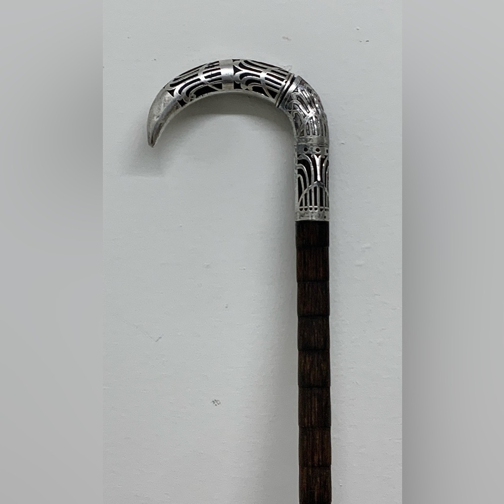 19th Century Antique Black Ebony Cane w/ Ornate Sterling Silver Filigree Handle